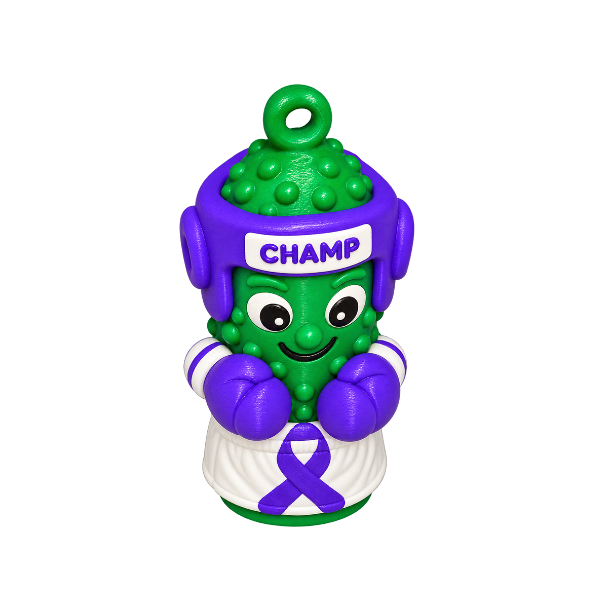 Brave Brine purple ribbon awareness boxer pickle ornament, top view