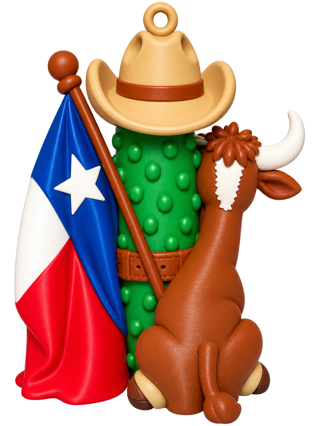 Texas Pickle cowboy ornament with Texas flag and longhorn, back photo