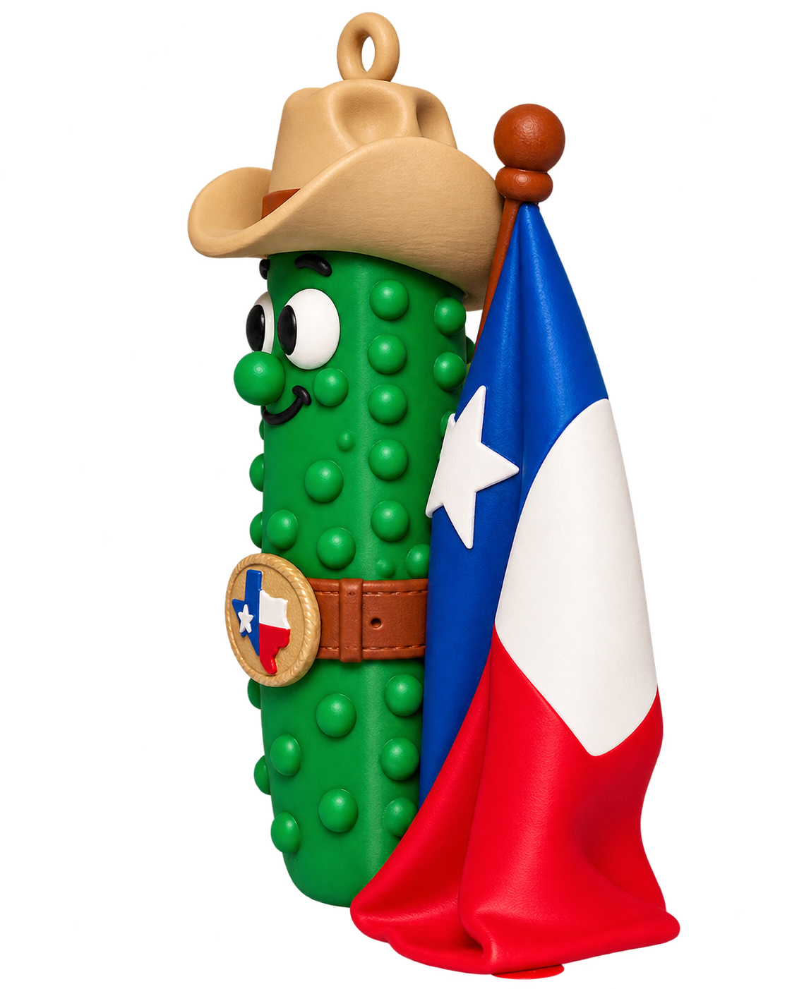 Texas Pickle cowboy ornament with Texas flag and longhorn, left photo