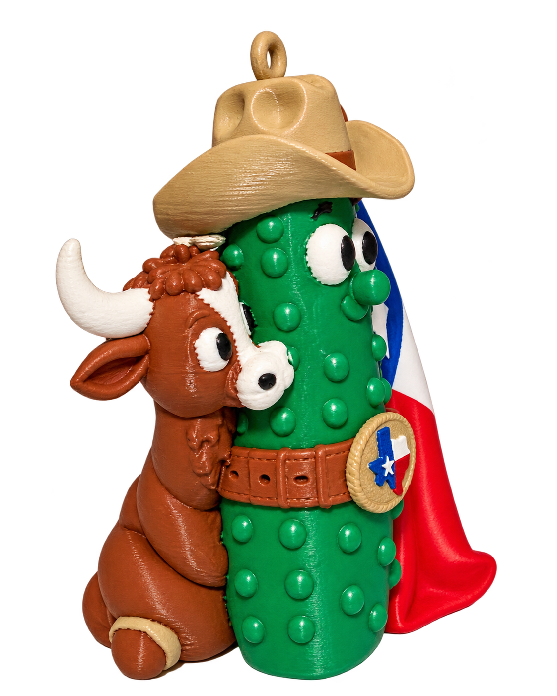 Texas Pickle cowboy ornament with Texas flag and longhorn, right photo