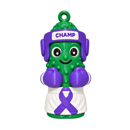 Brave Brine purple ribbon awareness boxer pickle ornament, front view