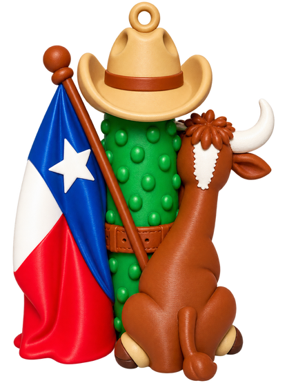 Texas Pickle cowboy ornament with Texas flag and longhorn, back photo