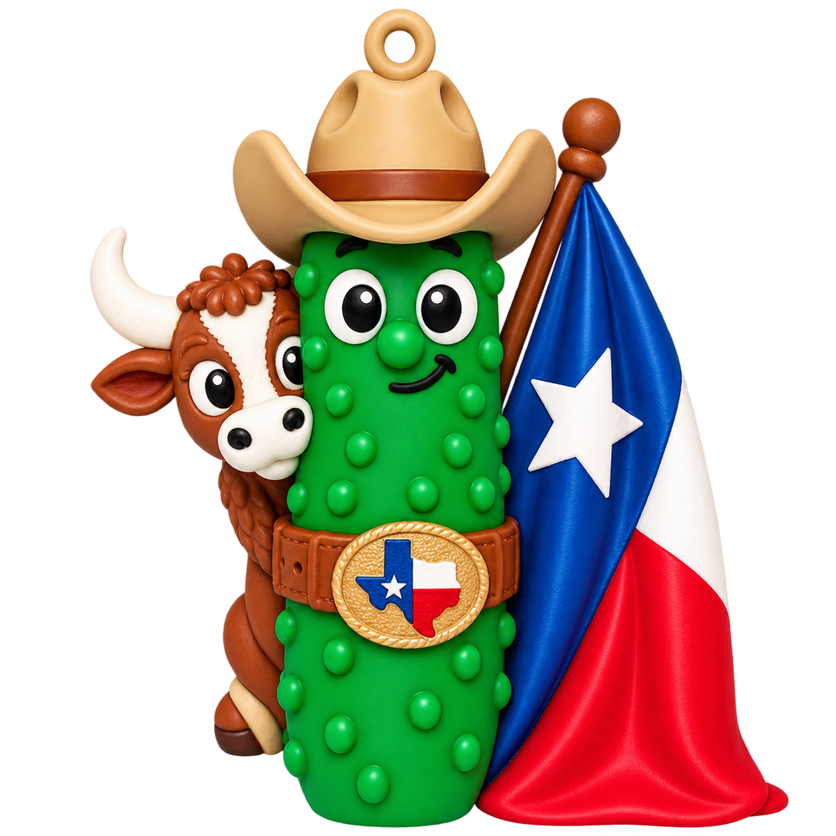 Texas Pickle cowboy ornament with Texas flag and longhorn, front photo