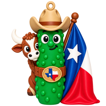 Texas Pickle cowboy ornament with Texas flag and longhorn, front photo