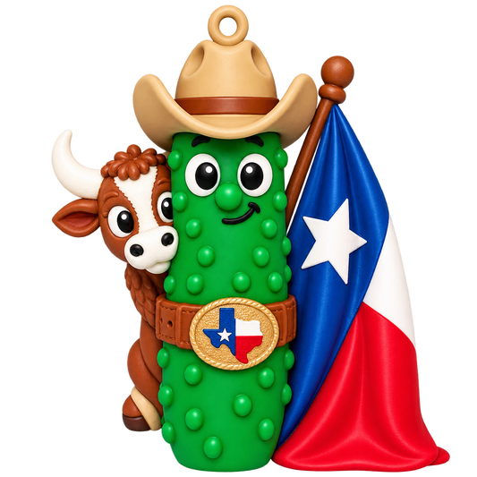 Texas Pickle cowboy ornament with Texas flag and longhorn, front photo