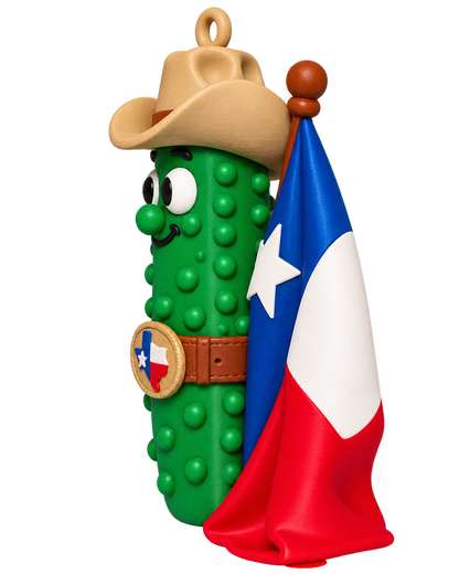 Texas Pickle cowboy ornament with Texas flag and longhorn, left photo
