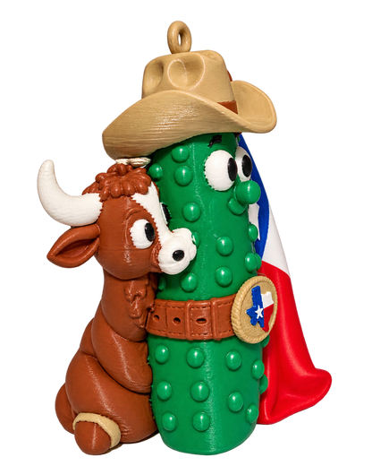 Texas Pickle cowboy ornament with Texas flag and longhorn, right photo