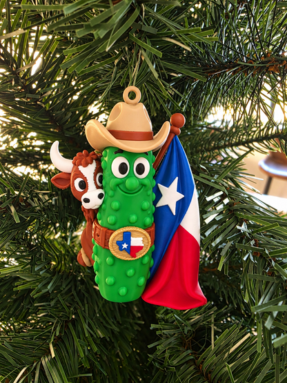 Texas Pickle cowboy ornament with Texas flag and longhorn, tree photo